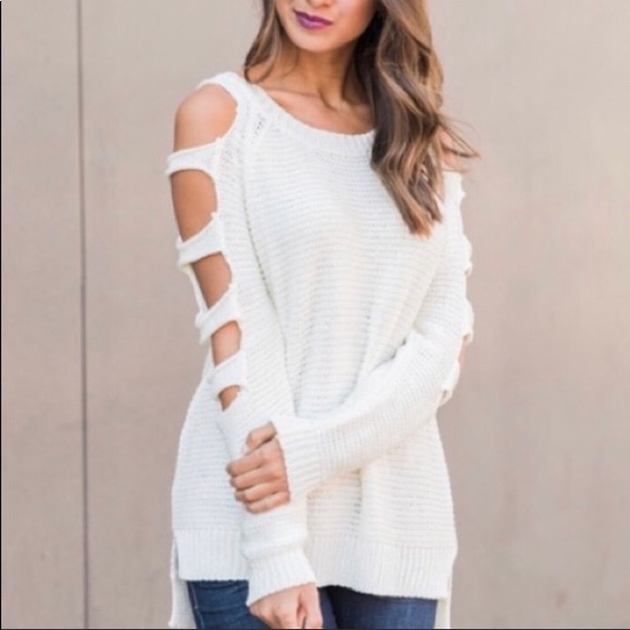 hi-low side split Cold Shoulder loose knit top - Picture 5 of 5